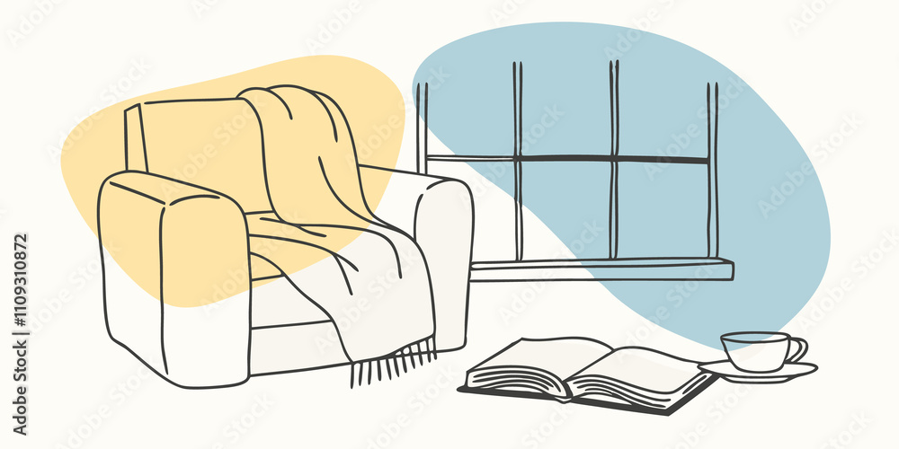 Poster reading a book a cozy nook with a plush armchair a soft blanket draped over it and an open book rest