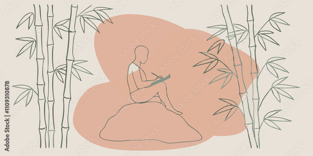 Poster Quiet Reflection A silhouette of the person is seen against the lush greenery sitting on a rock with a journal in lap. The scene captures the essence of a digital detox as the