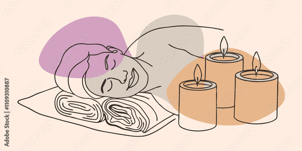 Aufkleber Reclining Serenity A person reclining on a soft towel eyes closed and a content smile on their face. Surrounding them are various candles of different heights and colors creating a