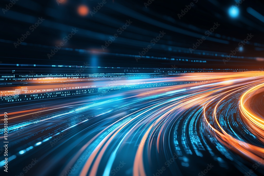 Poster a dynamic visual representation of light trails conveying speed and innovation in technology. the vi