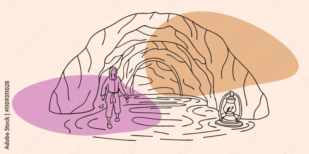 Poster reflections in water the explorer approaches a small pool inside the cave where the lanterns glow re