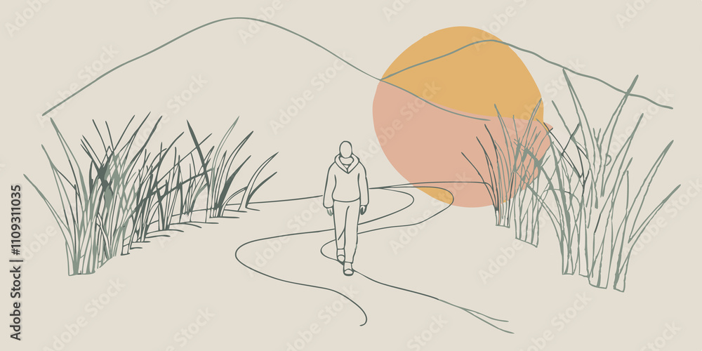 Poster Reflective Solitude In a peaceful scene a figure walks with their head slightly bowed deep in thought. The path is flanked by tall frosted grasses and the sun casts a golden hue
