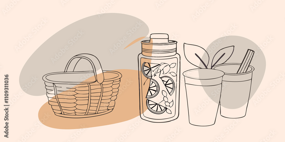 Aufkleber Refreshing Drinks Next to the basket a wooden thermos holds a refreshing herbal iced tea with lemon slices and mint leaves floating on the surface. A few colorful cups are ready to