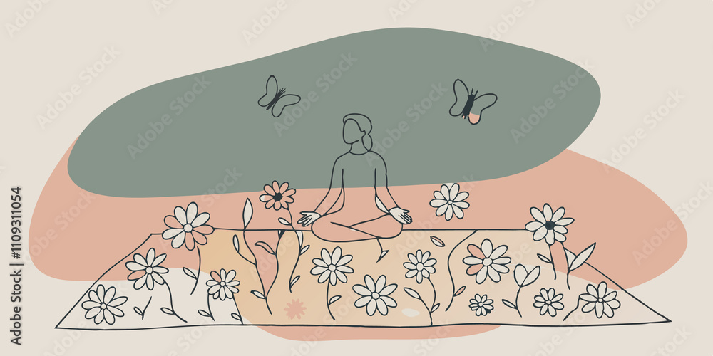 Poster relaxed observer a person sits on a picnic blanket spread across a field of blooming daisies. their 