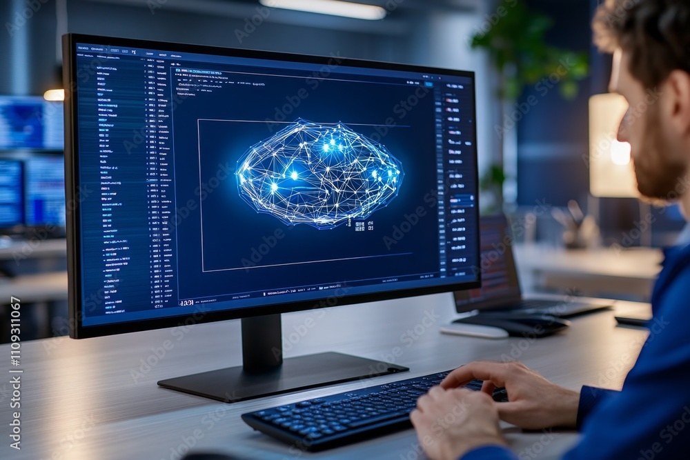 Poster A dynamic stock trading desk with multiple monitors displaying graphs, charts, and real-time market data