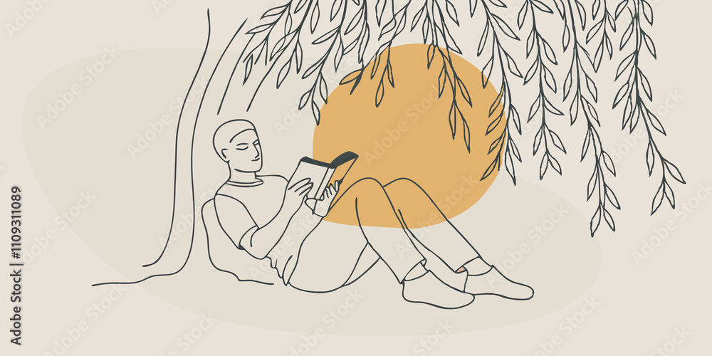 Aufkleber Relaxed Posture Visualize an individual lounging against the sy trunk of the willow with their legs crossed and a book open in their lap. Their expression is one of calm