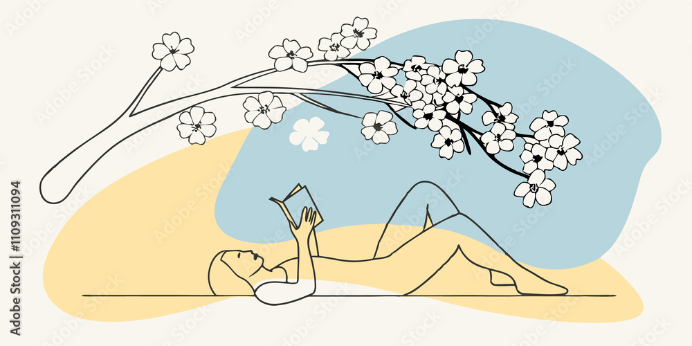Poster Restful Pause The illustration depicts someone reclining on their side propped up by one elbow with their book held in the other hand. The cherry blossom tree arches gracefully