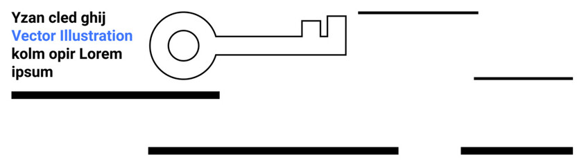 Outline black key symbol with accompanying random text and horizontal black lines. Ideal for presentations, web design, digital marketing, educational materials, security themes, infographics