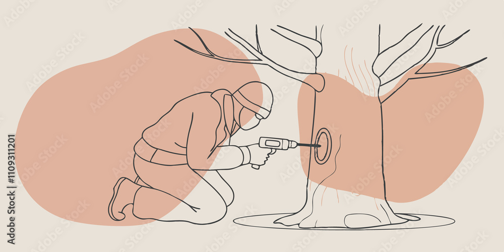 Poster sapper in action a person bundled in warm winter clothing approaches a maple tree clearly focused on