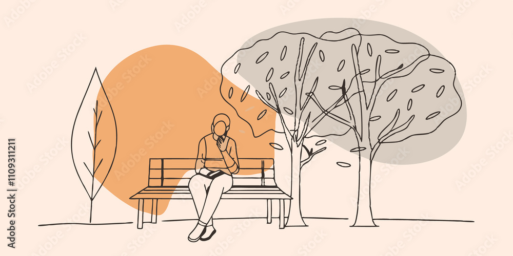 Poster Rustling Leaves An individual sits on a park bench surrounded by tall trees with leaves rustling softly in the wind. They close their eyes listening to the nature sounds while