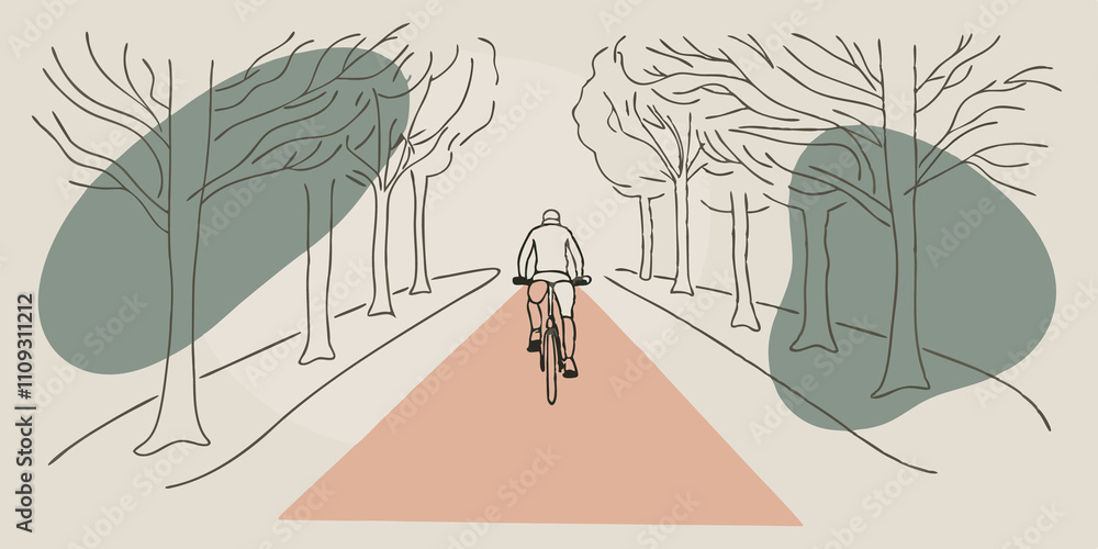 Poster Rustling Leaves A cyclist zips along a narrow trail lined with trees their leaves rustling softly. The illustration shows the sunlight filtering through the branches creating