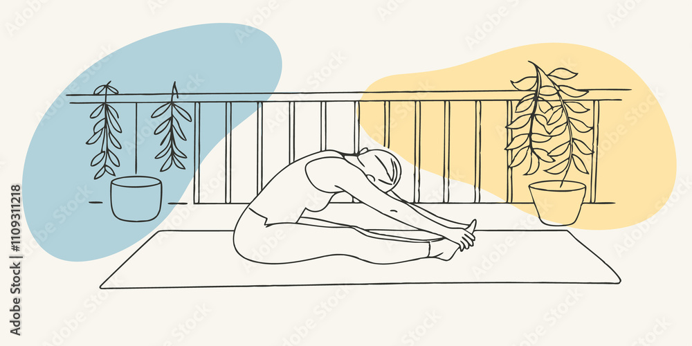 Aufkleber Seated Forward Bend The figure is now seated on a soft comfortable mat on the balcony with their legs stretched out in front. They reach forward towards their toes embodying calm