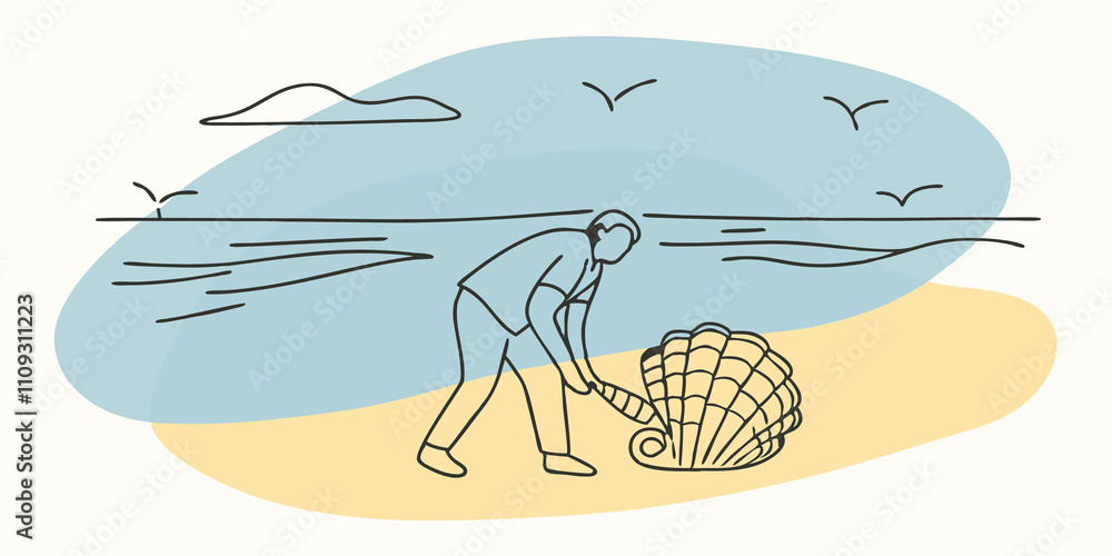 Poster Seashore Stroll A silhouette of a person strolling along the sandy beach bending down to examine a colorful conch shell nestled in the sand. The waves gently lap at the shore while