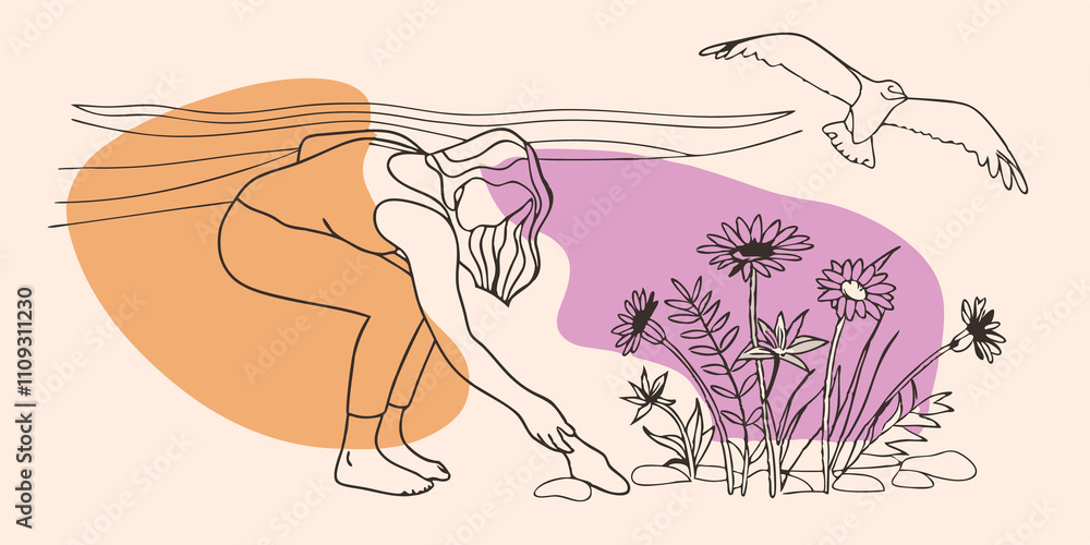 Poster Seagull Companion A person bends forward in a toe touch on the cliffs edge surrounded by wildflowers. A curious seagull flies by its wings outstretched against the backdrop of the