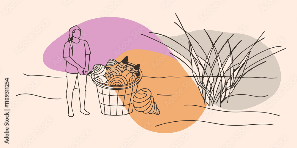 Poster seashell collection the person stands beside a small bucket filled with various seashells including 