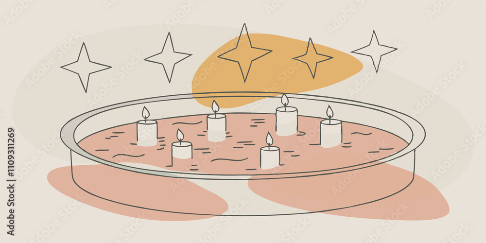 Poster serene evening glow a calm night scene featuring a small round pool under a starlit sky. delicate fl