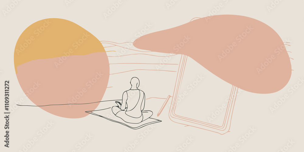 Aufkleber Secluded Beach A quiet sandy beach stretches out under a vibrant sunset. In the foreground a person sits on the sand watching the waves lap at the shore with a journal in hand.