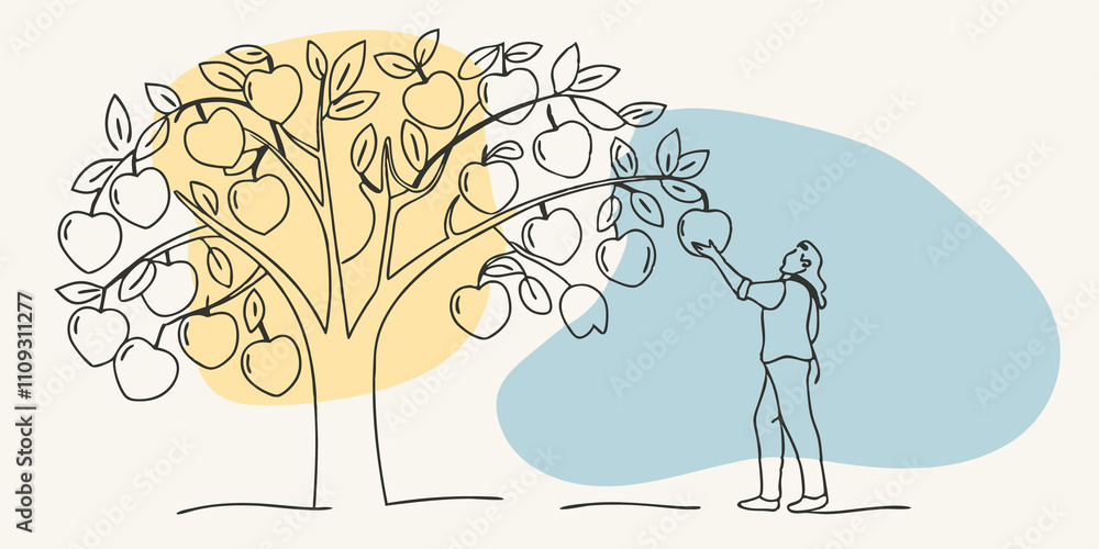 Aufkleber Selecting the Perfect Apple An individual stands thoughtfully under a branch inspecting several apples before selecting one their fingers lightly brushing over the skins as they