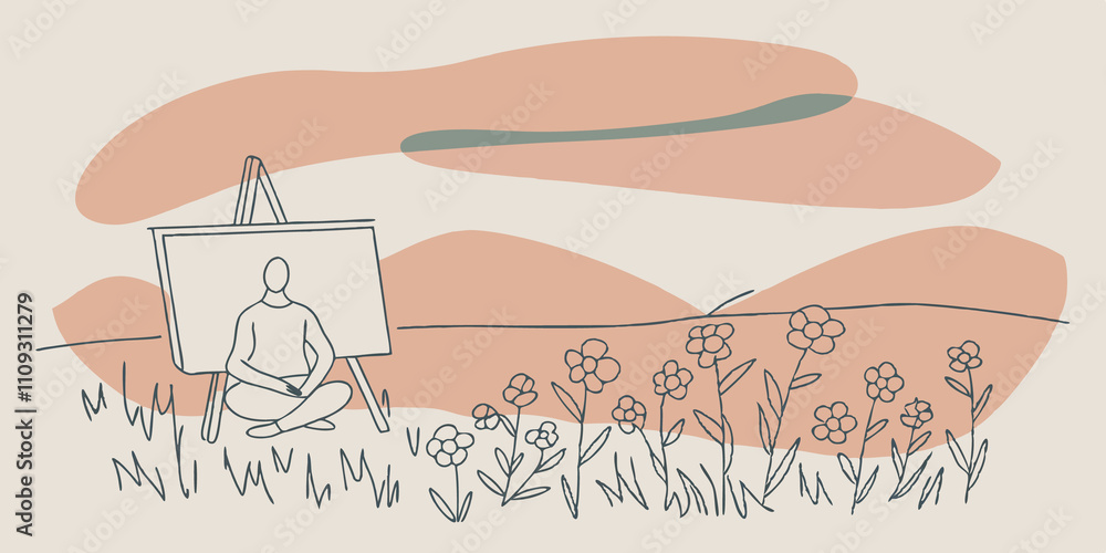 Aufkleber Serene Meadow Scene A person sits crosslegged on a grassy patch surrounded by wildflowers in vibrant colors. Their easel holds a blank canvas as they dip their brush into a palette