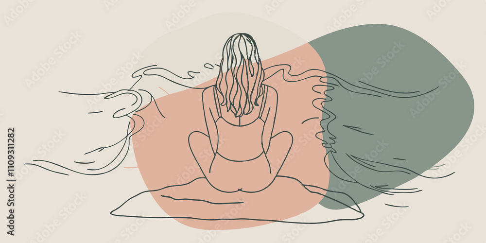 Poster Serene Posture A person with their back straight and legs crossed sits on a smooth flat rock. They have long hair flowing gently in the ocean breeze while their hands rest lightly