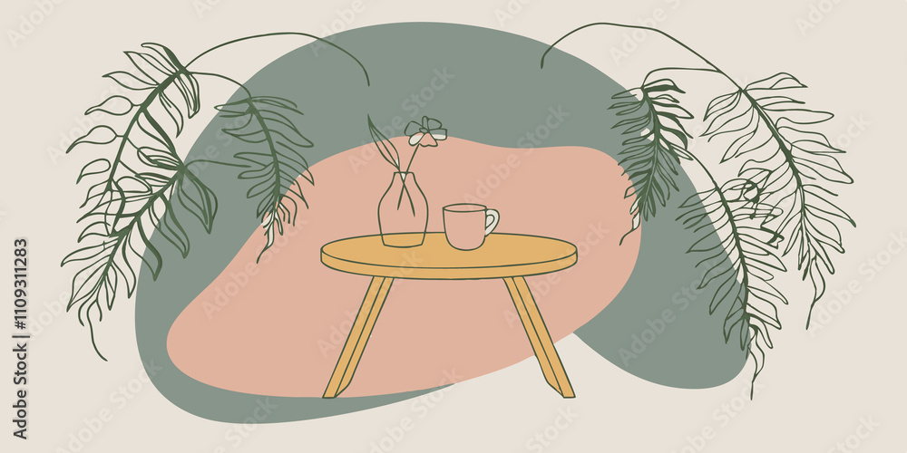Poster serene retreat a cozy setup with a small wooden table adorned with a single flower in a vase creates