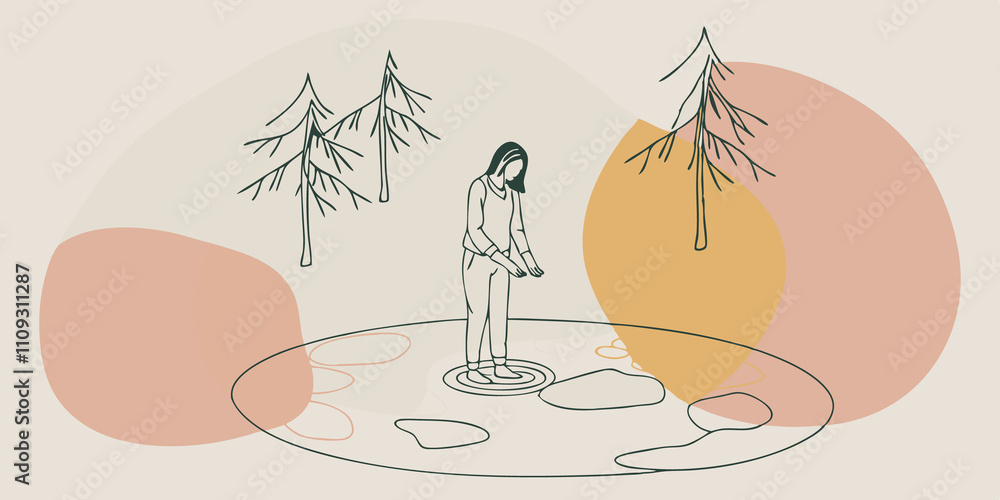 Aufkleber Serene Reflection A young woman stands on a bed of smooth stones her hands gently resting on the edge of a crystalclear mountain spring. She gazes down her face illuminated by soft