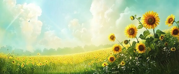 Sunflowers on a green background with copy space for text, perfect for a spring or summer banner. AI generated illustration