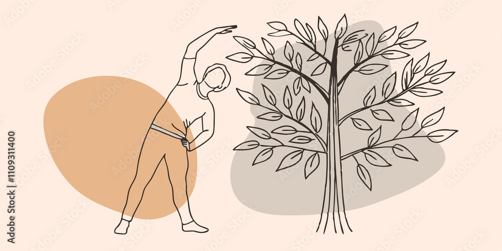 Poster Side Stretch Standing on the path with a tall slender tree in the background a person raises one arm overhead and leans to the side stretching out their torso. The other hand rests