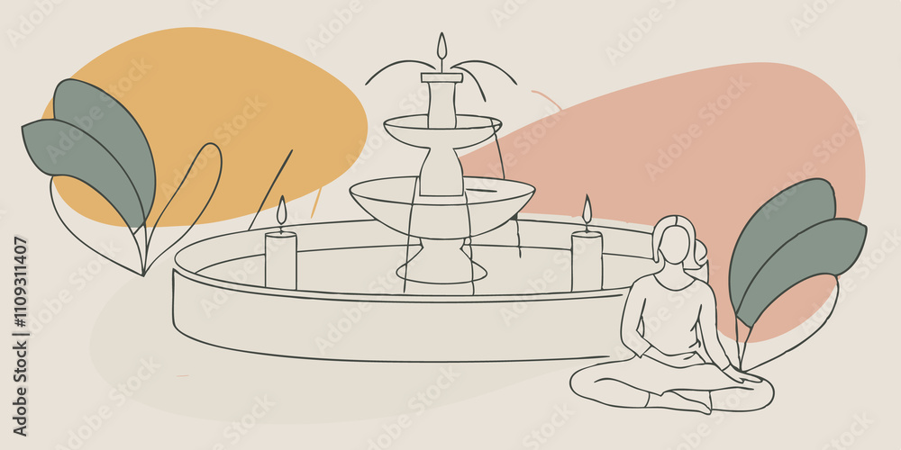 Poster Serene Reflection A figure sits peacefully on a stone bench beside a softly flowing fountain. Flickering candlelight dances on the waters surface casting gentle shadows across the
