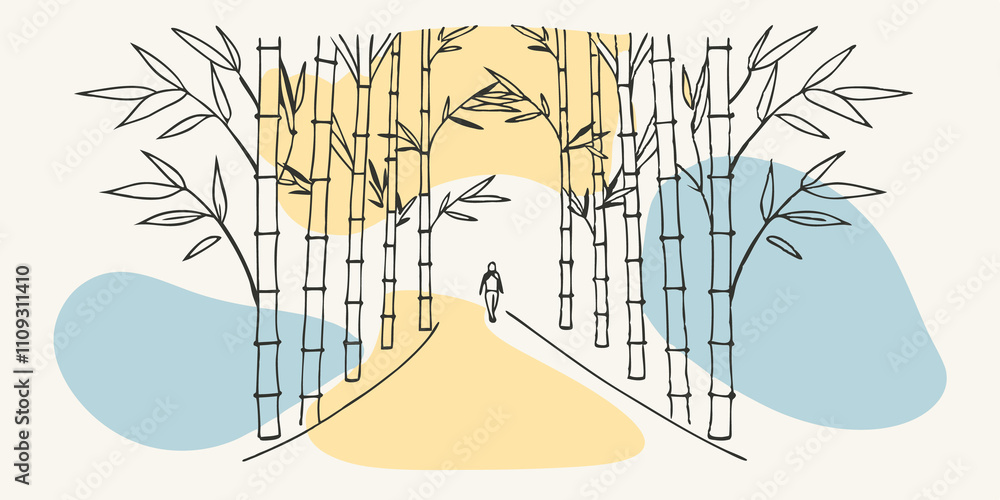 Poster Serene Pathway A winding path meanders through a dense bamboo forest. Tall slender bamboo stalks stretch high into the sky their leaves creating a gentle green canopy. A figure