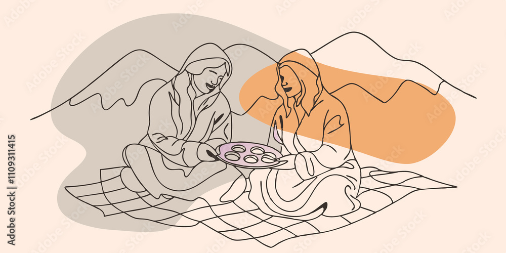 Aufkleber Sharing a Blanket Two friends are cozily sharing a portion of the blanket to stay warm against the mountain breeze. They are examining a plate of cookies deciding which one to take