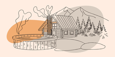 Naklejka premium Serene Cabin Vista A cozy wooden cabin sits at the edge of a lush forest with smoke curling from its chimney. In the foreground a crystalclear hot spring bubbles gently with steam