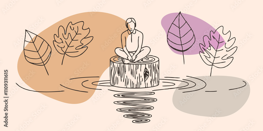 Poster soul searching a person sits on a wooden stump near the spring lost in their thoughts. their reflect