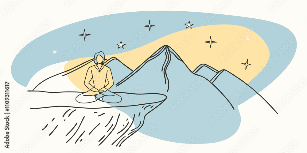 Aufkleber Solitary Reflection A figure in a meditative pose sits on a cliffs edge overlooking jagged peaks. The sky is painted with stars as they breathe deeply surrounded by the quiet of