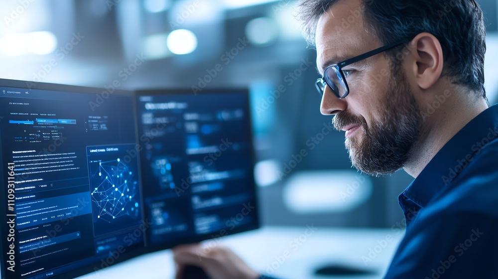 Poster a focused man analyzes data on multiple screens in a modern workspace, showcasing the importance of 