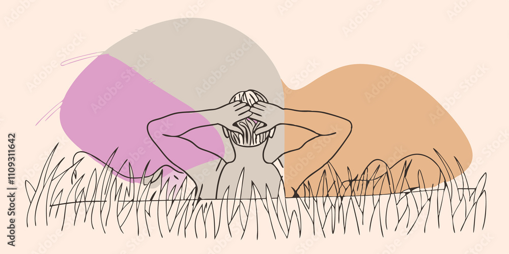 Poster Starry Aspirations A person lies flat on their back hands behind their head on a soft meadow. Their eyes are fixed on the vast expanse above where a shooting star streaks across