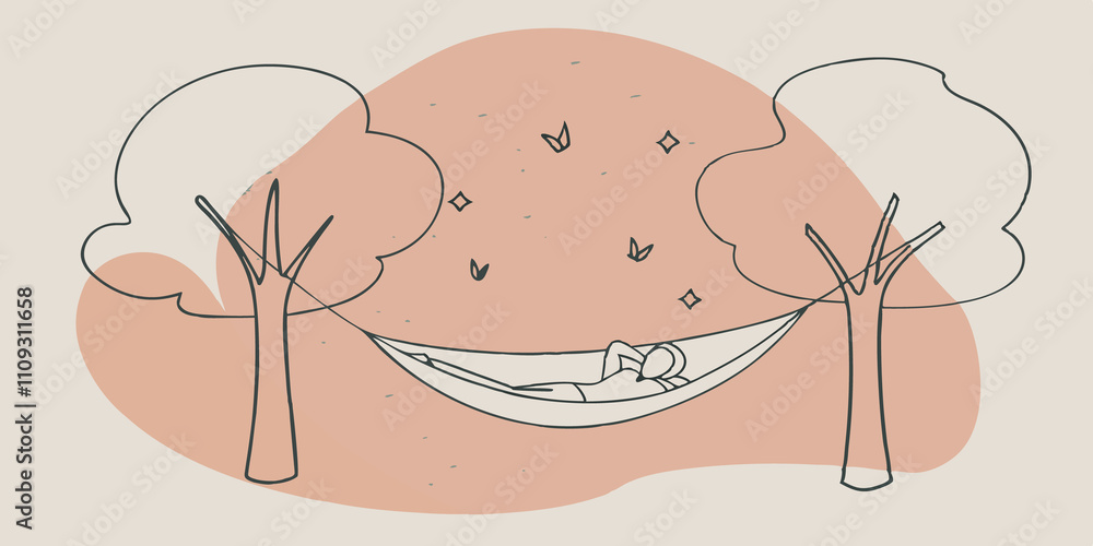 Aufkleber Starry Night Escape Under a clear starry sky a hammock hangs between two ancient trees. A person gazes upward lost in the constellations above with fireflies ling around them and