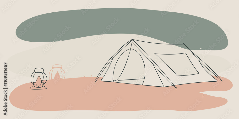 Poster Starry Night Backdrop The scene captures a vast sky filled with bright stars shining above. The tent is illuminated softly by the moonlight with a couple of camping lanterns