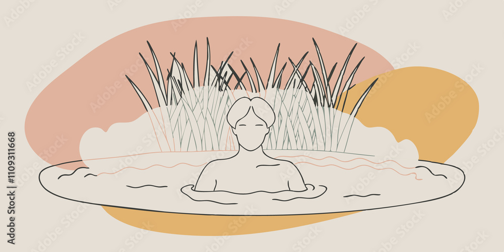 Poster steam rising an individual sits in a steaming hot spring their shoulders ly above the surface of the