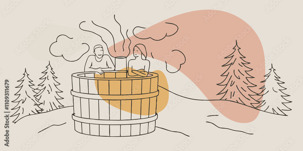 Poster steam rising visualize the sauna in action with steam billowing from its chimney as a group of frien