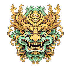 Fototapeta premium A stylized illustration depicts an ornate golden dragon mask with intricate details and vibrant colors against a green background.