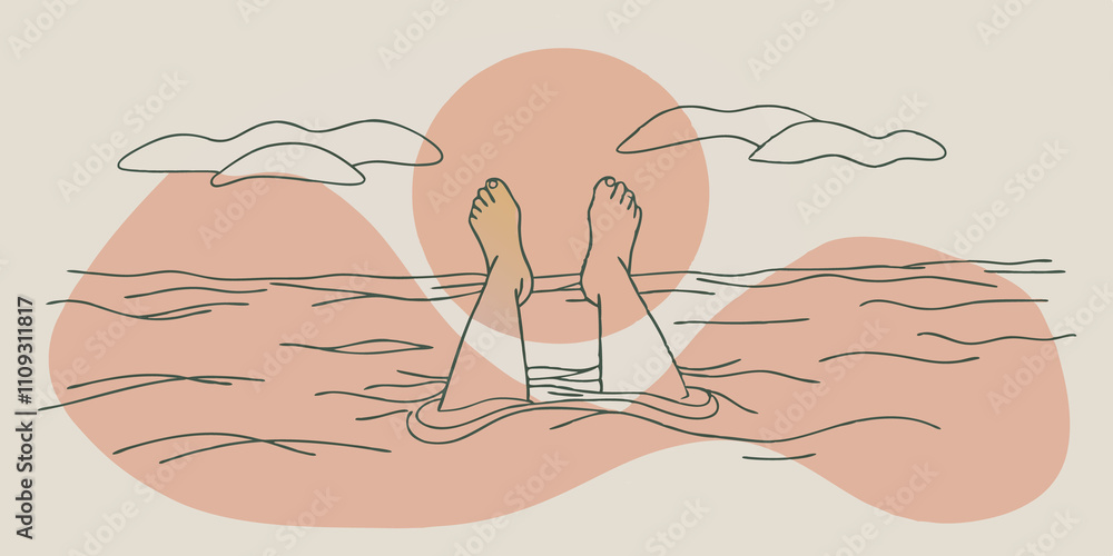 Poster Sunkissed Waters A person enjoys a lazy afternoon lying back so that only their face and feet are above the surface while their hands float beside them. The sun bathes them in