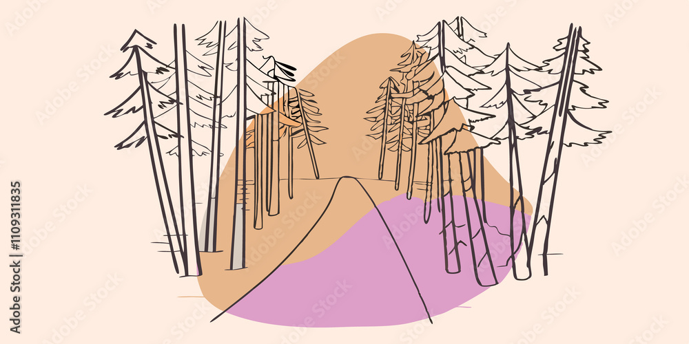 Poster Sunlit Pathway Through the Trees A narrow path winds through a forest with sunlight breaking through the treetops illuminating the way ahead. The soft light creates a welcoming