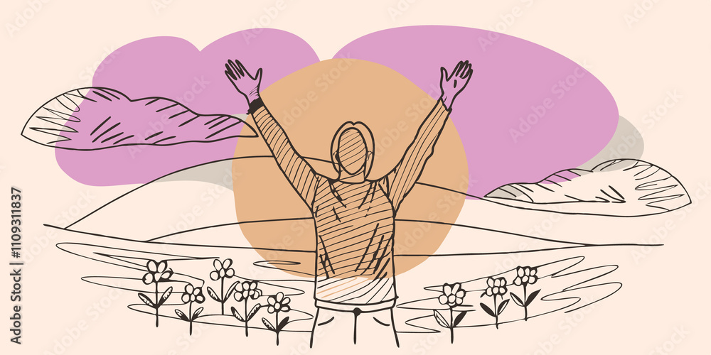Aufkleber Sunlit Bliss An individual standing with arms raised high above their head palms open toward the bright blue sky with sunlight filtering through cottony white clouds and a backdrop