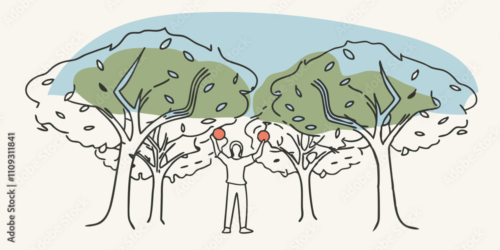 Poster Sunlit Orchard A person stands beneath a canopy of lush green apple trees their hands reaching up to pluck a shiny red apple. Sunlight filters through the leaves creating dappled