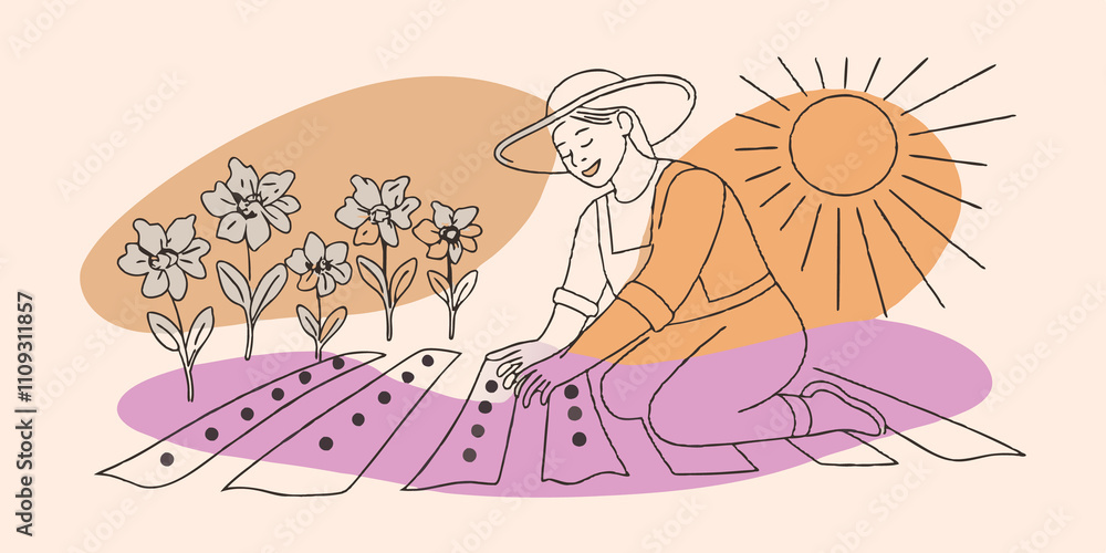 Poster Sunny Serenity A person kneels on soft soil in a sunlit garden surrounded by vibrant flowers. They are gently placing seeds in neat rows wearing a widebrimmed hat and a smile