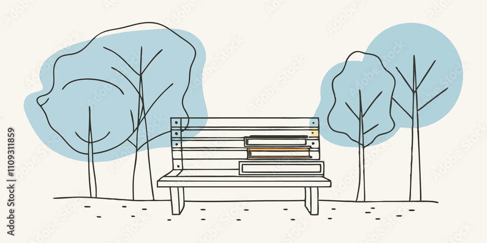 Poster Sunny Forest Clearing A lush green forest clearing bathed in sunlight with a sy wooden bench situated beneath the canopy of trees. A vibrant stack of colorful books is neatly piled