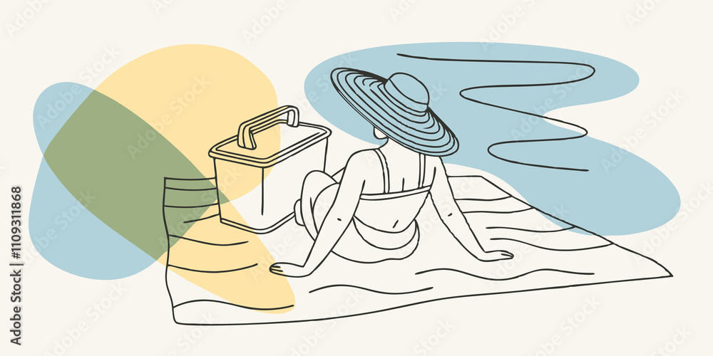Poster sunny beach a bright beach scene where a person with a beach hat sits on a towel enjoying a picnic b