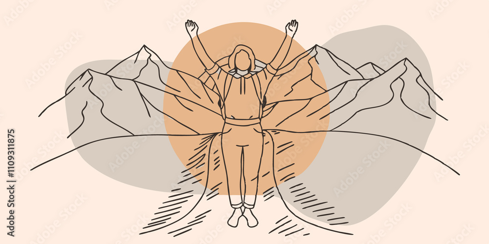 Poster Sunset Calm A figure stands on a mountain trail with arms raised above their head against the backdrop of a vibrant sunset behind the distant peaks. The figure smiles gently as