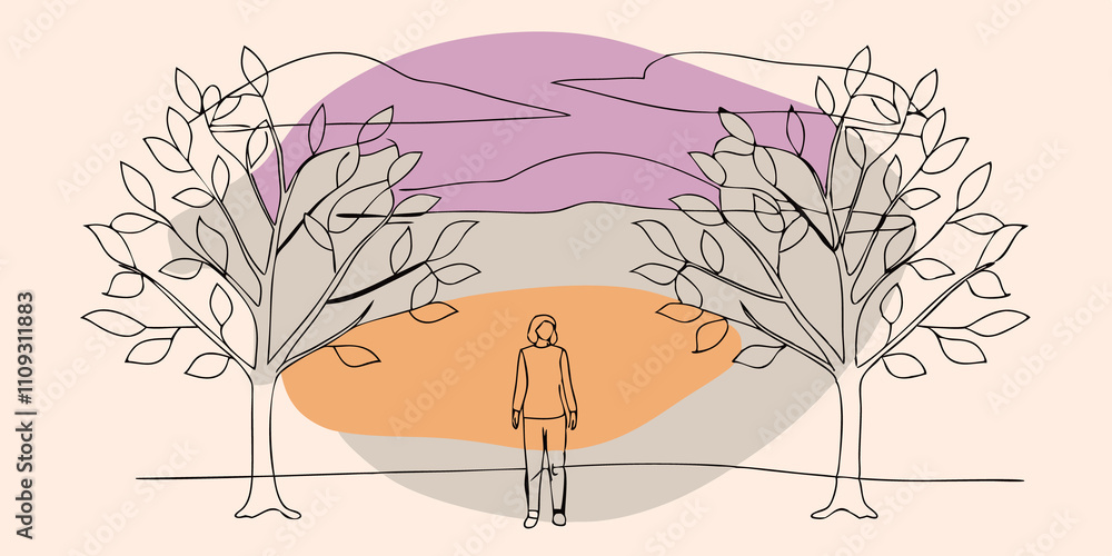 Poster Sunset Glade At dusk a person stands in an open glade where the sunlight mixes with the evening skys soft pink and orange hues. The gentle silhouettes of trees frame the scene